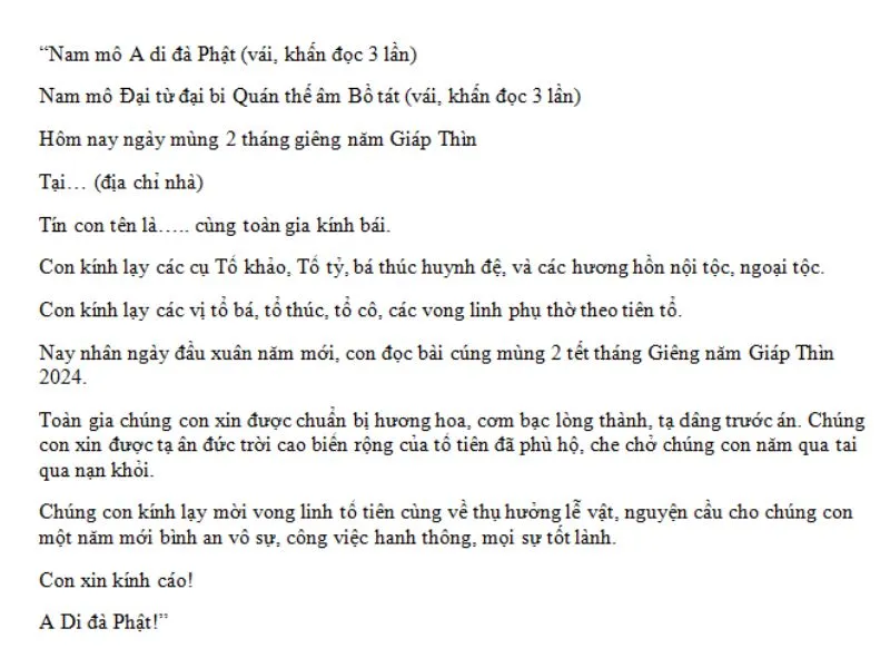 Văn khấn mùng 2 tết Giáp Thìn cầu tài lộc, bình an, may mắn cả năm